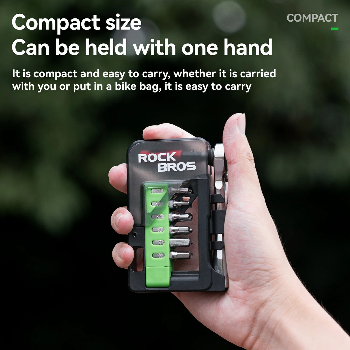 Hand holding a compact tool set with 'RockBros' branding