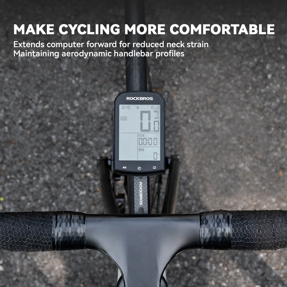 rockbros black nylon handlebar mount holding a cycling computer and front light on a road bike