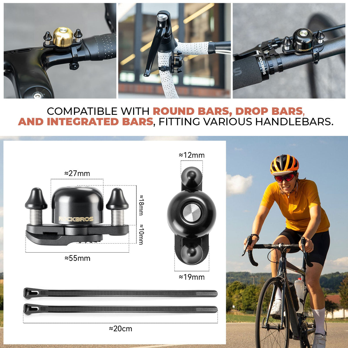 ROCKBROS dual hammer bike bell with loud, crisp sound and durable design for enhanced safety on busy roads.