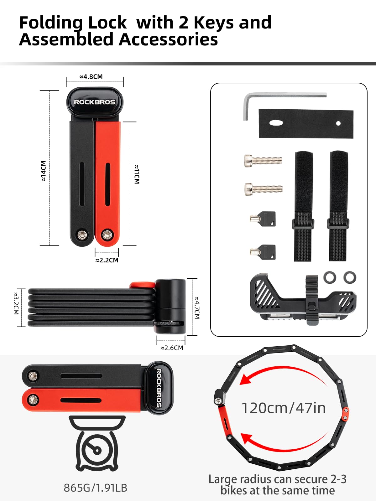 rockbros-folding-heavy-duty-anti-theft-bike-lock-120cm/47.24inch-with-2-keys