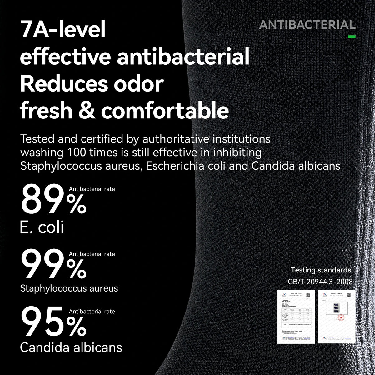 Black sock with antibacterial text and certification on a black background