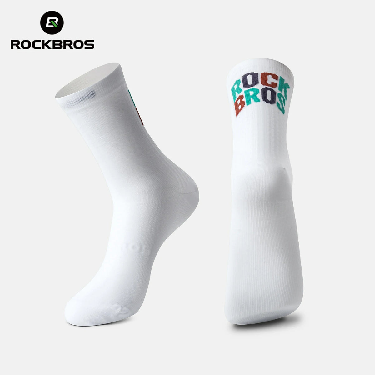 White socks with colorful 'RockBros' logo on a light gray background #color_white