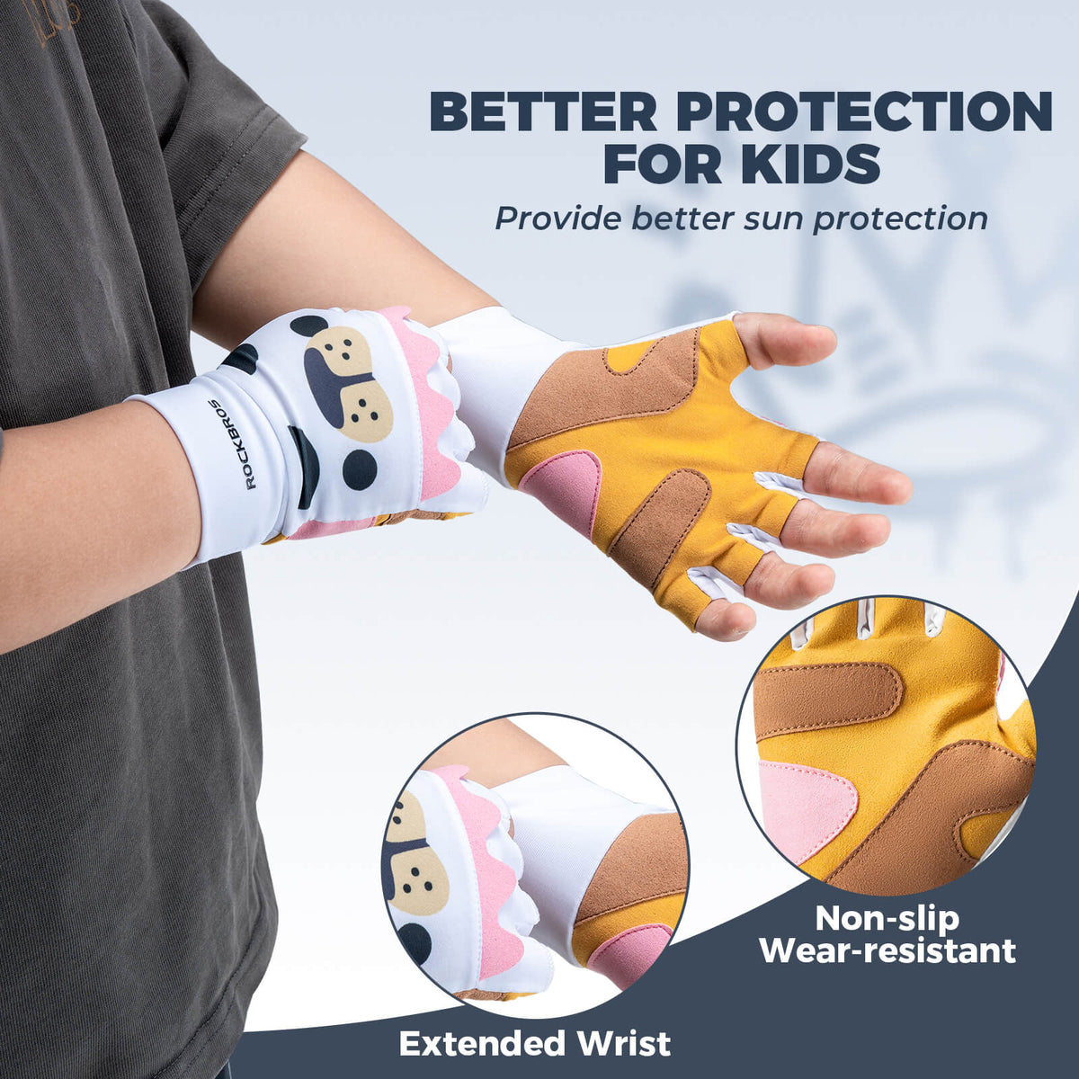 ROCKBROS kids half-finger cycling gloves featuring cute patterns for boys and girls.
#color_white