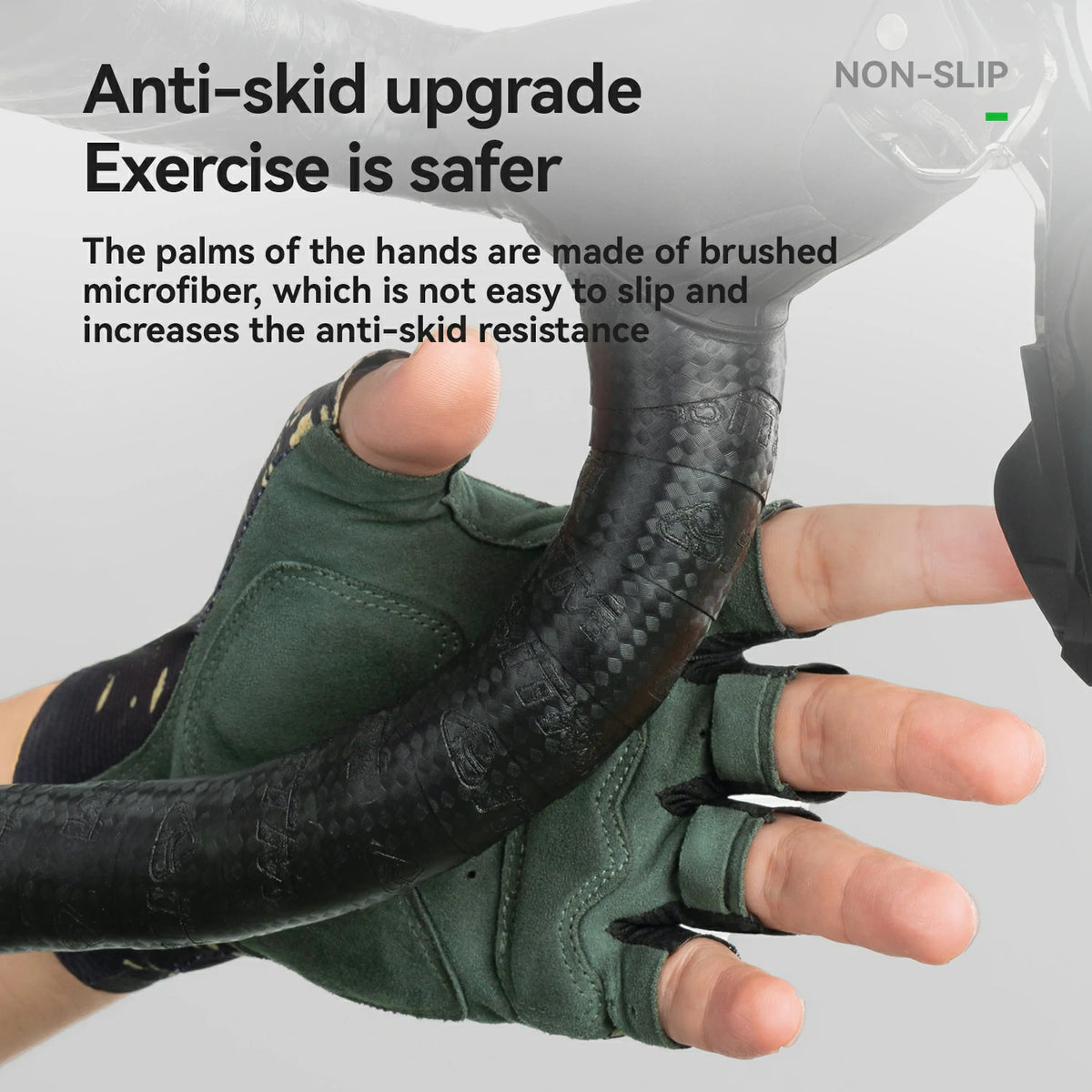 Green cycling gloves with text highlighting anti-skid feature on a gray background