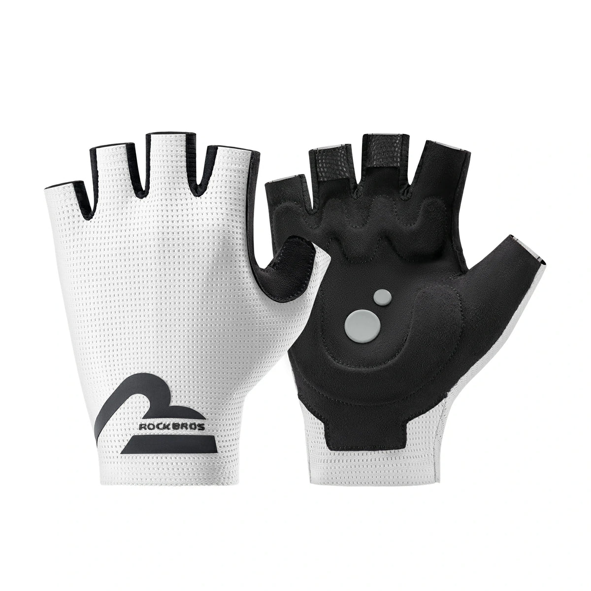 Pair of black and white gloves with 'RockBros' logo on a white background #color_white