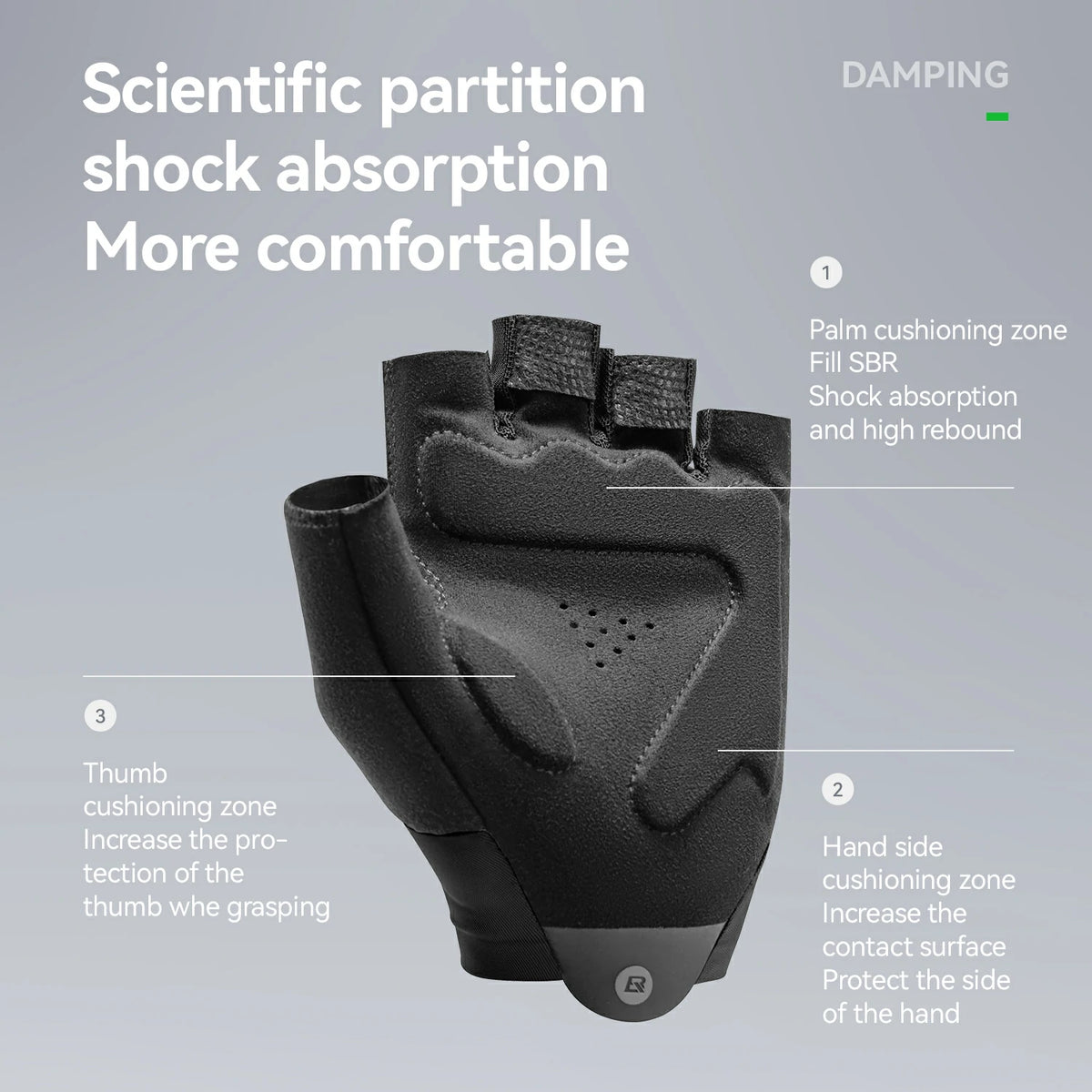 Black glove with text on scientific partition shock absorption and comfort features on a gray background