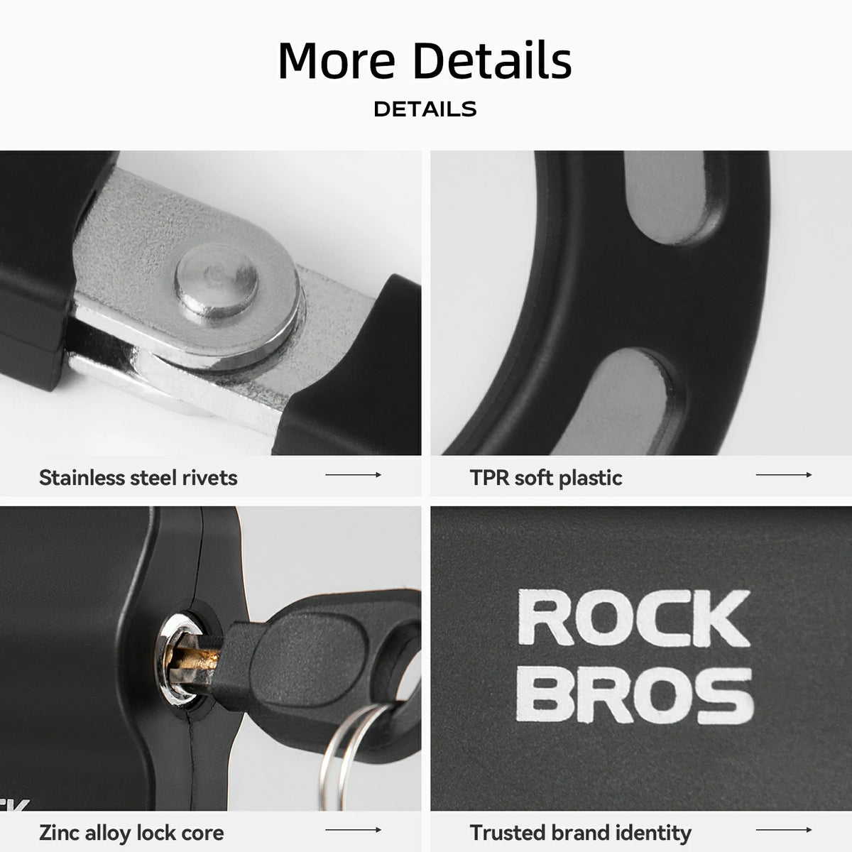 Product details of a lock with stainless steel rivets, TPR soft plastic, zinc alloy lock core, and Rock Bros branding.