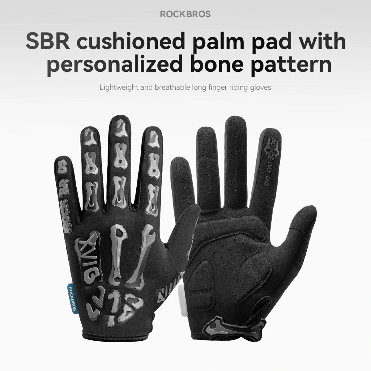 A pair of black Rockbros long finger riding gloves shown against a light gray background, with one glove displaying a gray bone pattern on the palm and the other showing the back of the hand. Text at the top reads 'SBR cushioned palm pad with personalized bone pattern'.