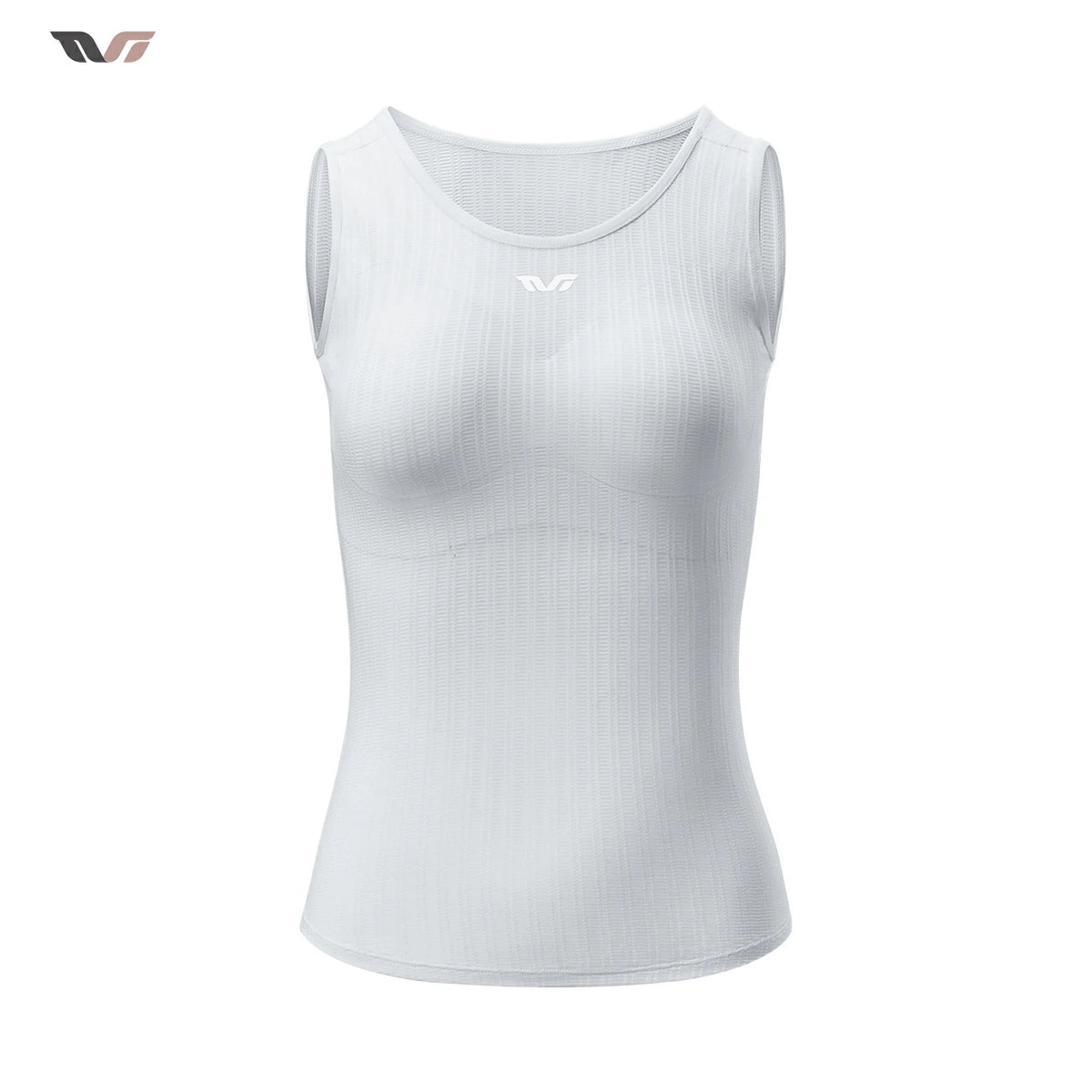 A white sleeveless athletic tank top with a scoop neck and subtle vertical ribbing, shown on a plain white background with a small brand logo in the top-left corner. #Color_White
