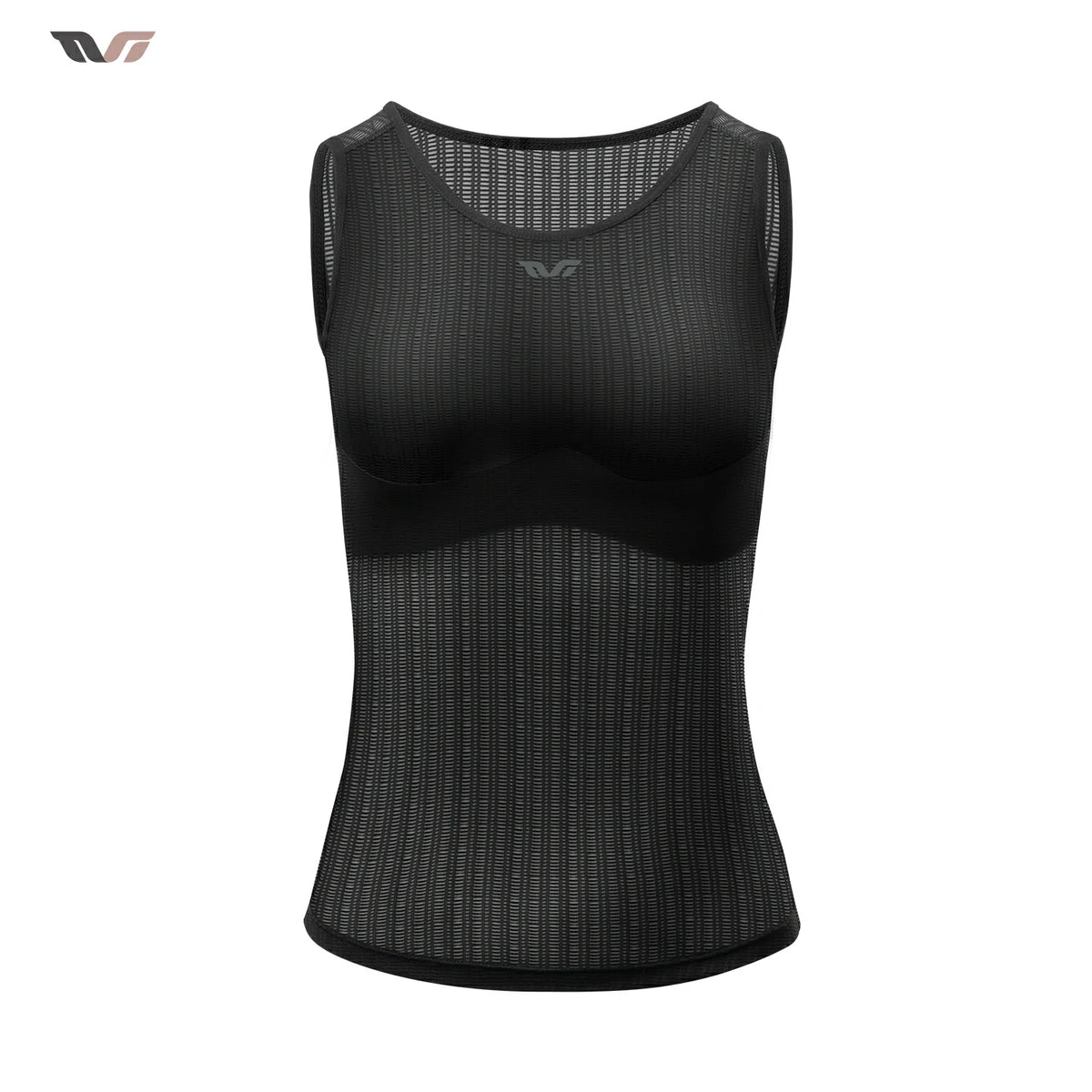 A black sleeveless athletic tank top with a sheer, textured mesh pattern and a scoop neckline, shown on a plain white background. #Color_Black