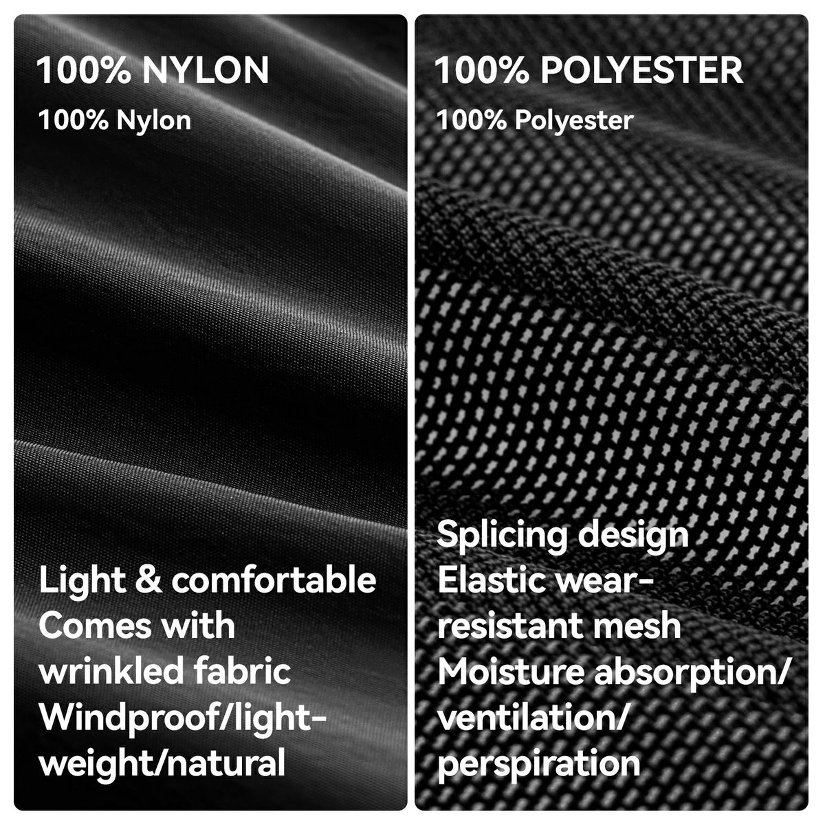 Comparison of 100% Nylon and 100% Polyester fabrics with text describing their properties.