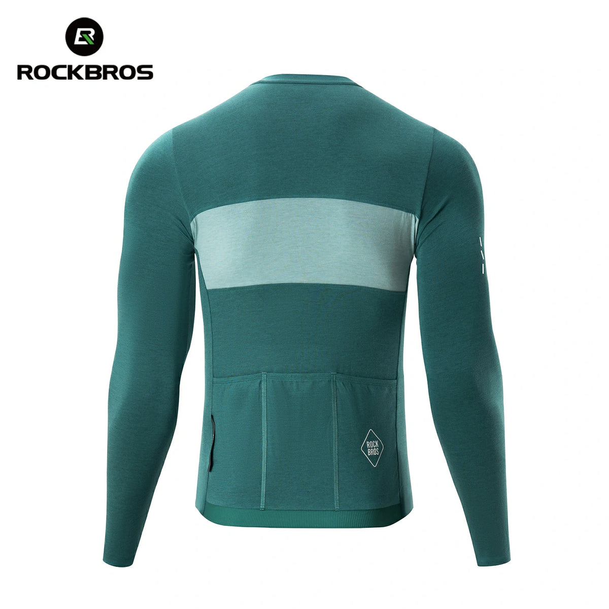 Green long-sleeve shirt with a gray panel on a white background, featuring the RockBros brand. #color_green