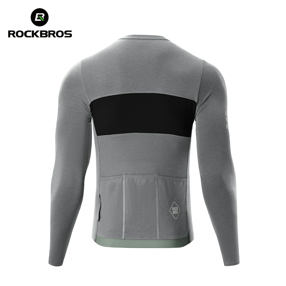 Gray long-sleeve athletic shirt with black accent on a white background, featuring RockBros branding. #color_grey