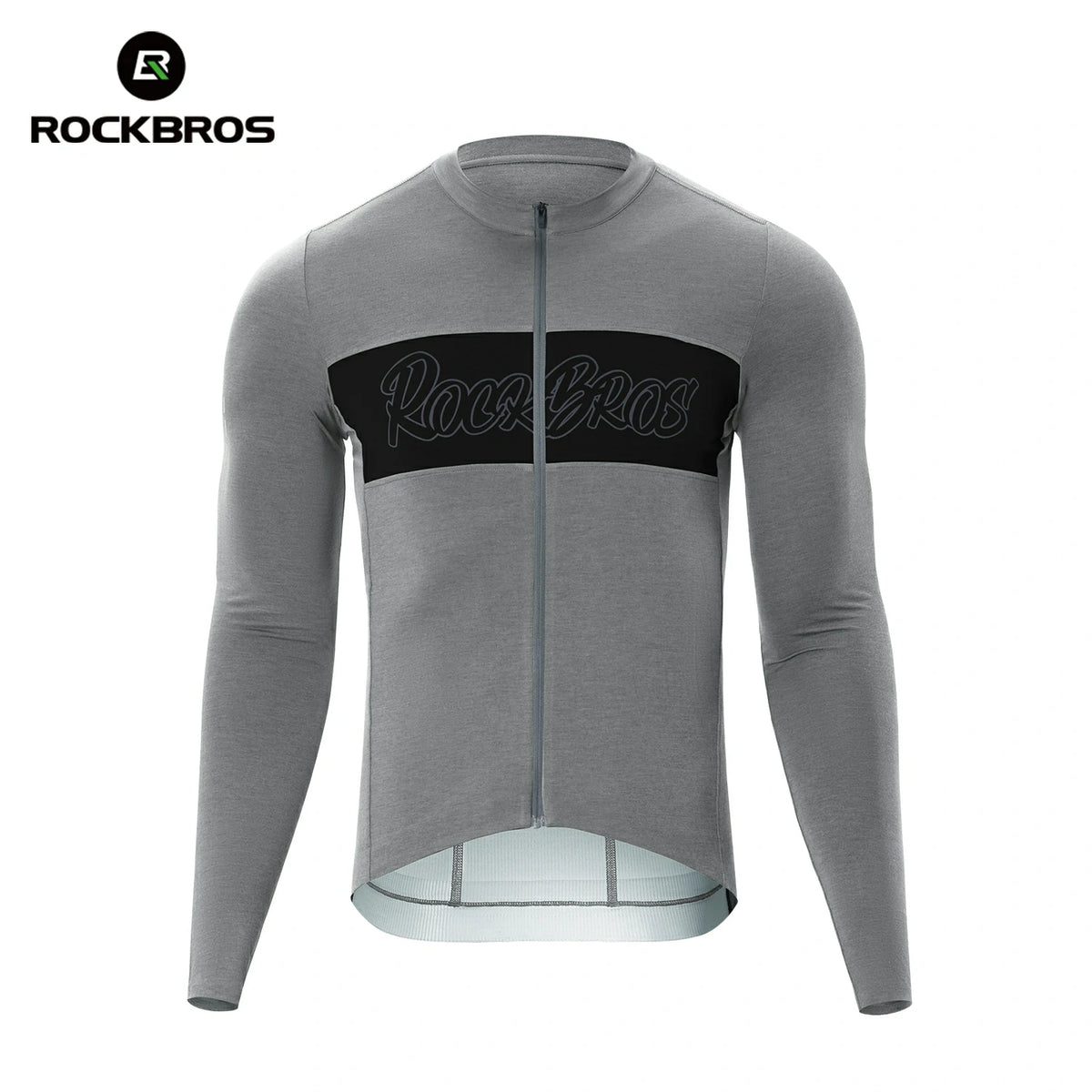 Gray long-sleeve cycling jersey with black logo on a white background, featuring the RockBros brand. #color_grey