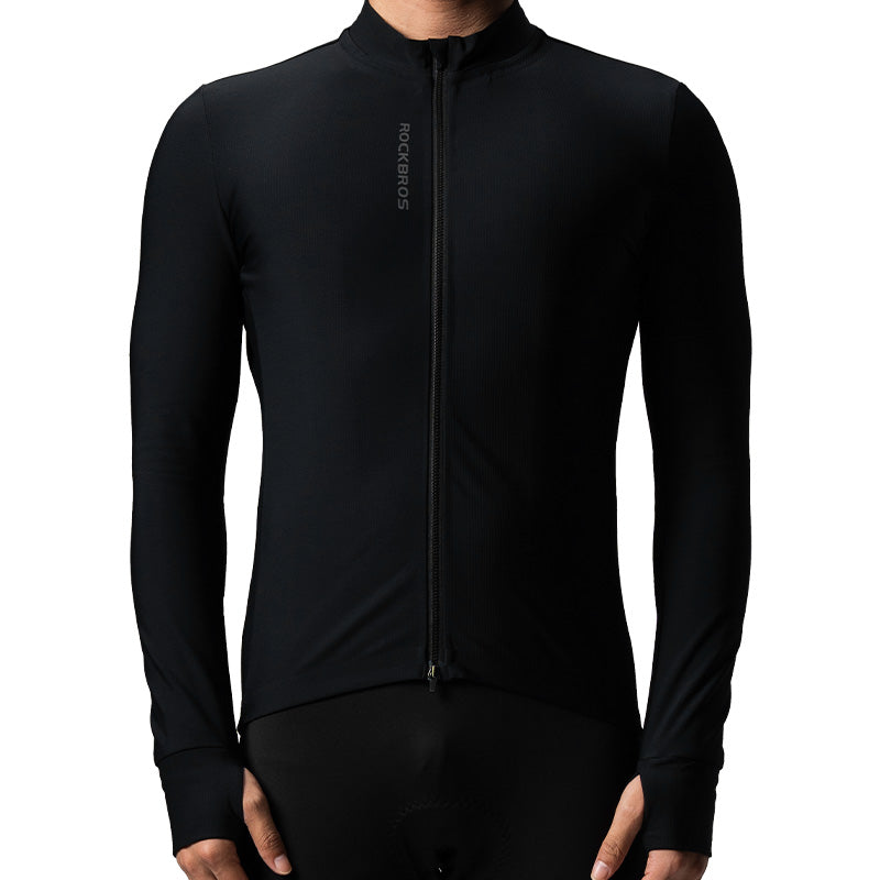 Black cycling jacket with a brand logo on a white background