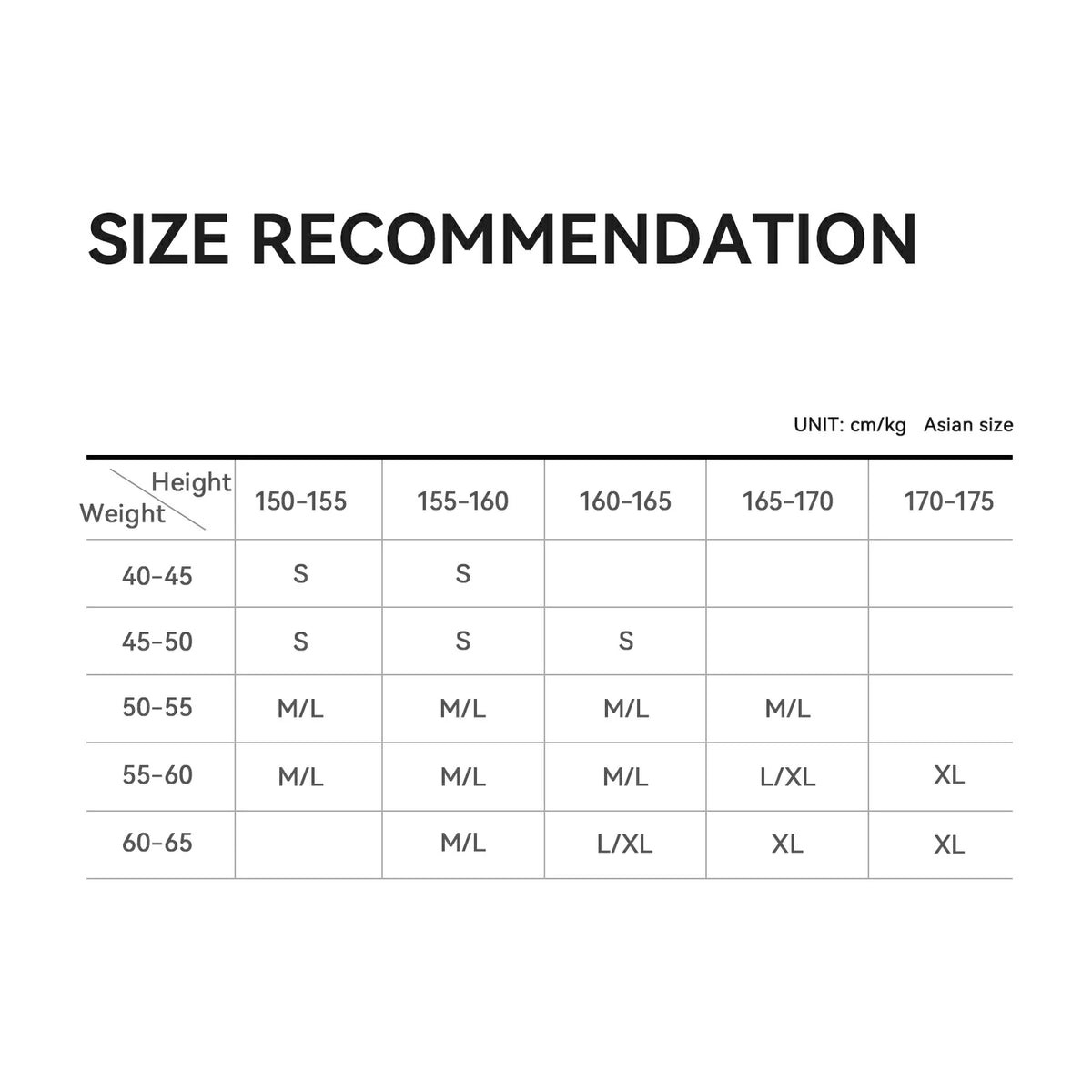 Size recommendation chart for clothing with height and weight ranges.