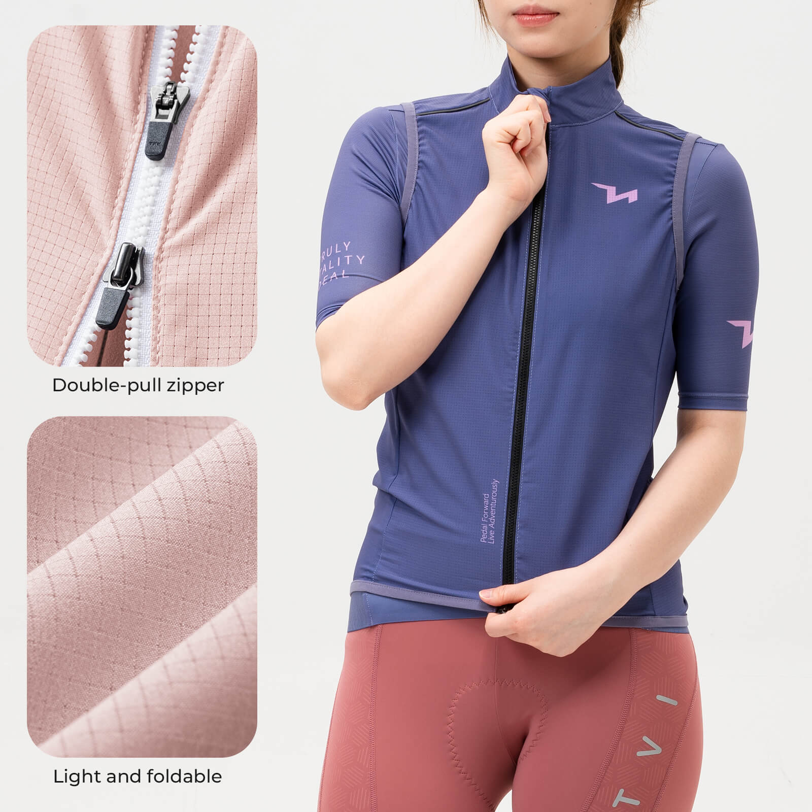 TVI windproof women's cycling vest MJ008, lightweight and breathable design for added protection during windy rides. #Color_Purple