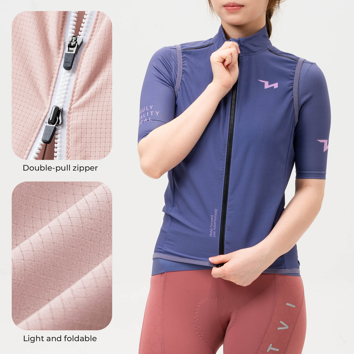 TVI windproof women's cycling vest MJ008, lightweight and breathable design for added protection during windy rides. #Color_Purple