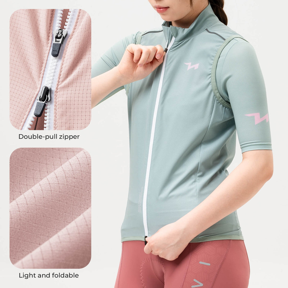 TVI windproof women's cycling vest MJ008, lightweight and breathable design for added protection during windy rides. #Color_Green