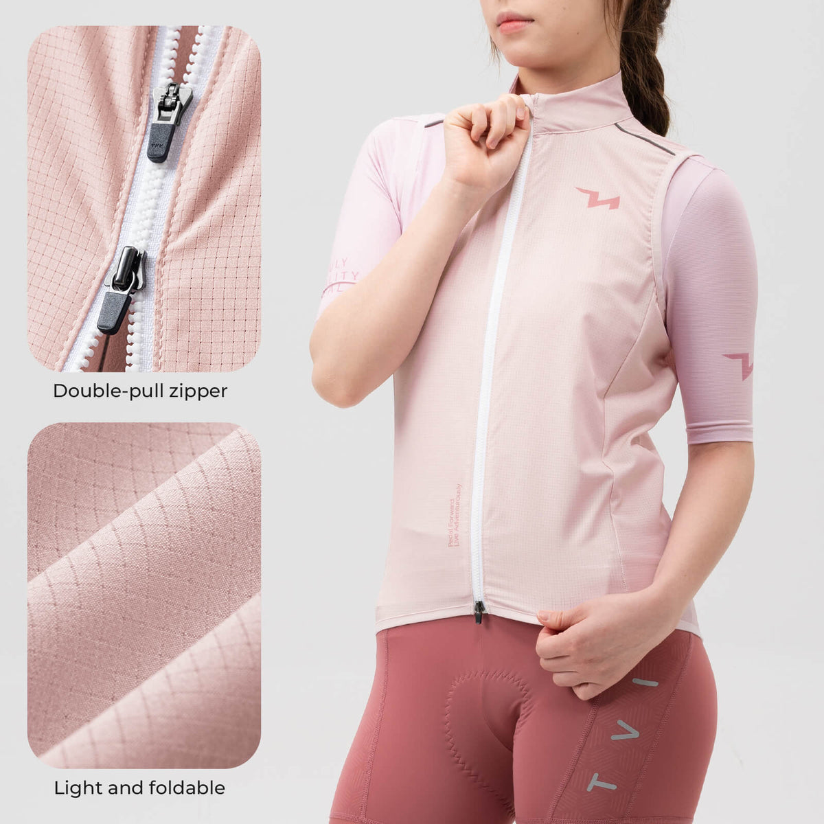 TVI windproof women's cycling vest MJ008, lightweight and breathable design for added protection during windy rides. #Color_Pink