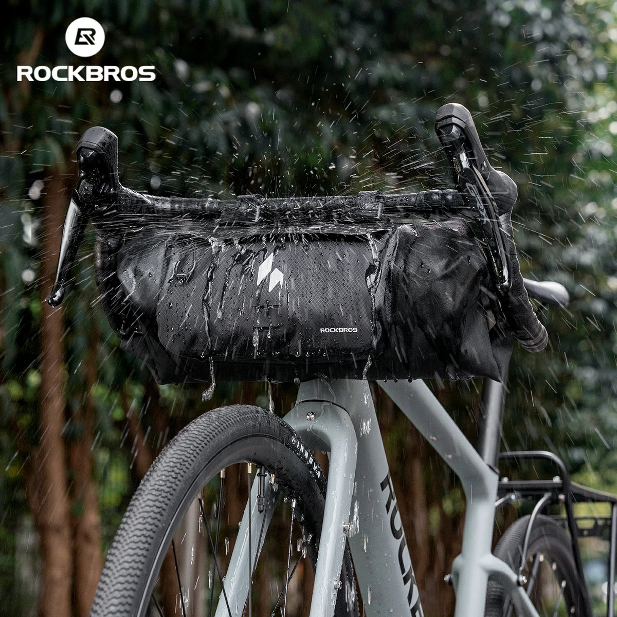 Roll-top Rockbros bike handlebar bag with secure buckle.