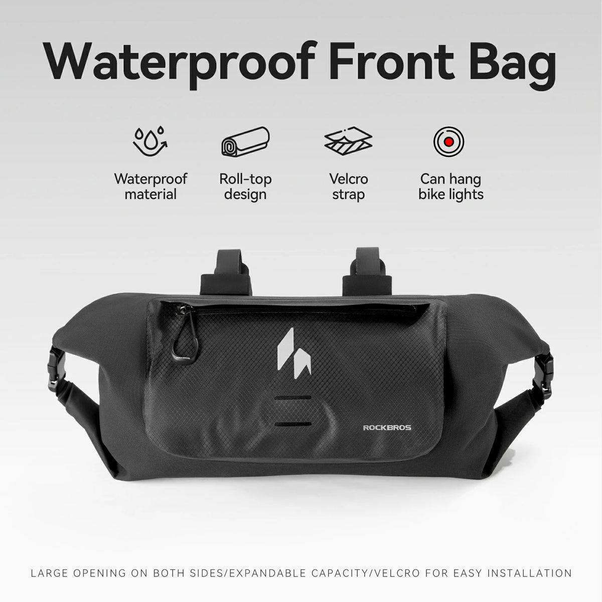 Black waterproof front bag with features listed on a gray background