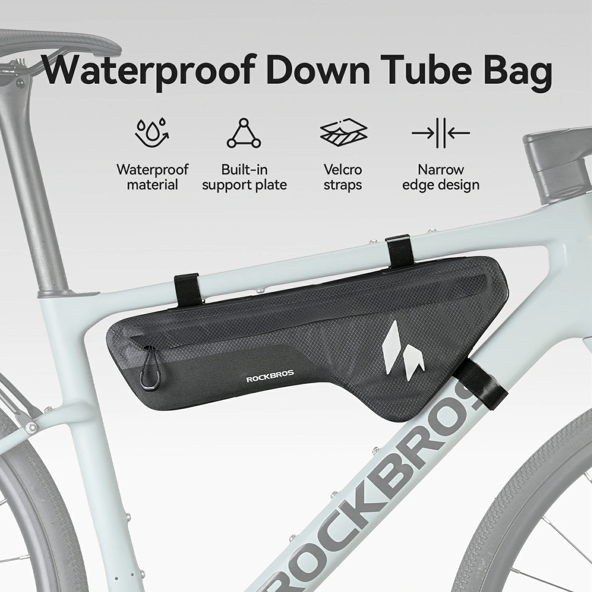 Waterproof down tube bag attached to a bicycle with features listed.