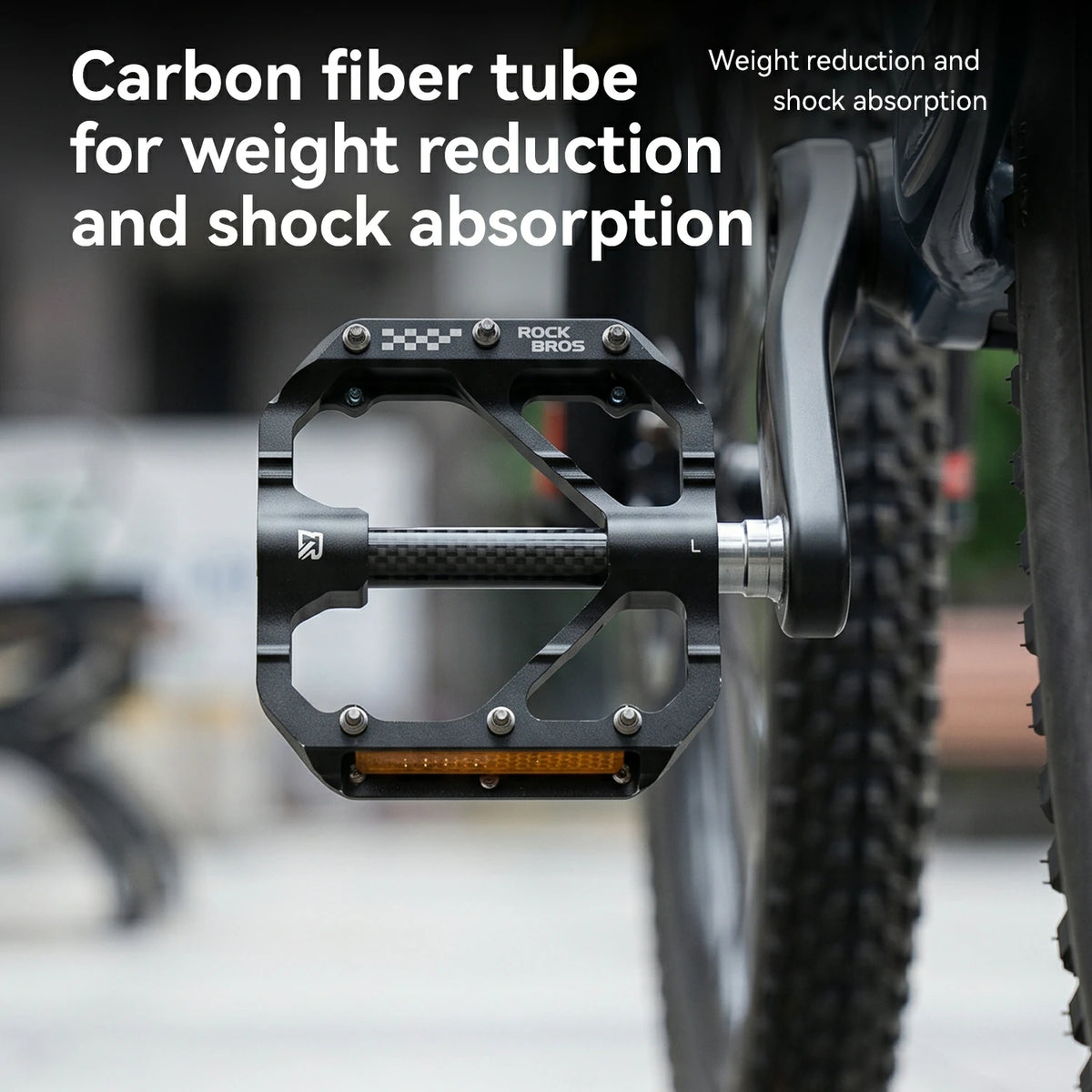 A close-up of a black carbon fiber bicycle pedal with a carbon fiber handlebar clamp, mounted on a bike crank. The image features promotional text overlays highlighting the benefits of carbon fiber tubes for weight reduction and shock absorption.