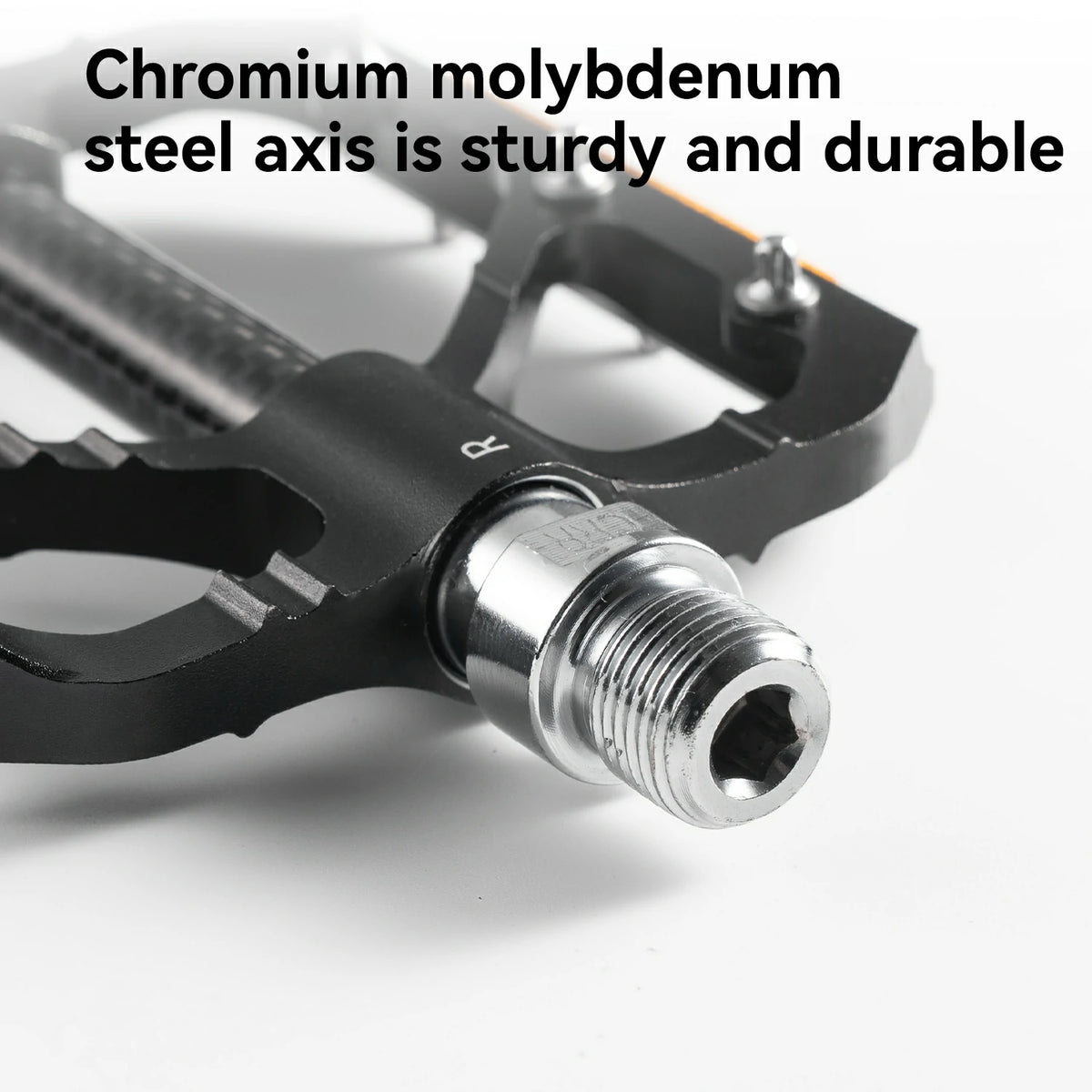 Close-up of a bicycle pedal spindle with a threaded chrome molybdenum axis and black frame, with text overlay reading 'Chromium molybdenum steel axis is sturdy and durable' on a white background.