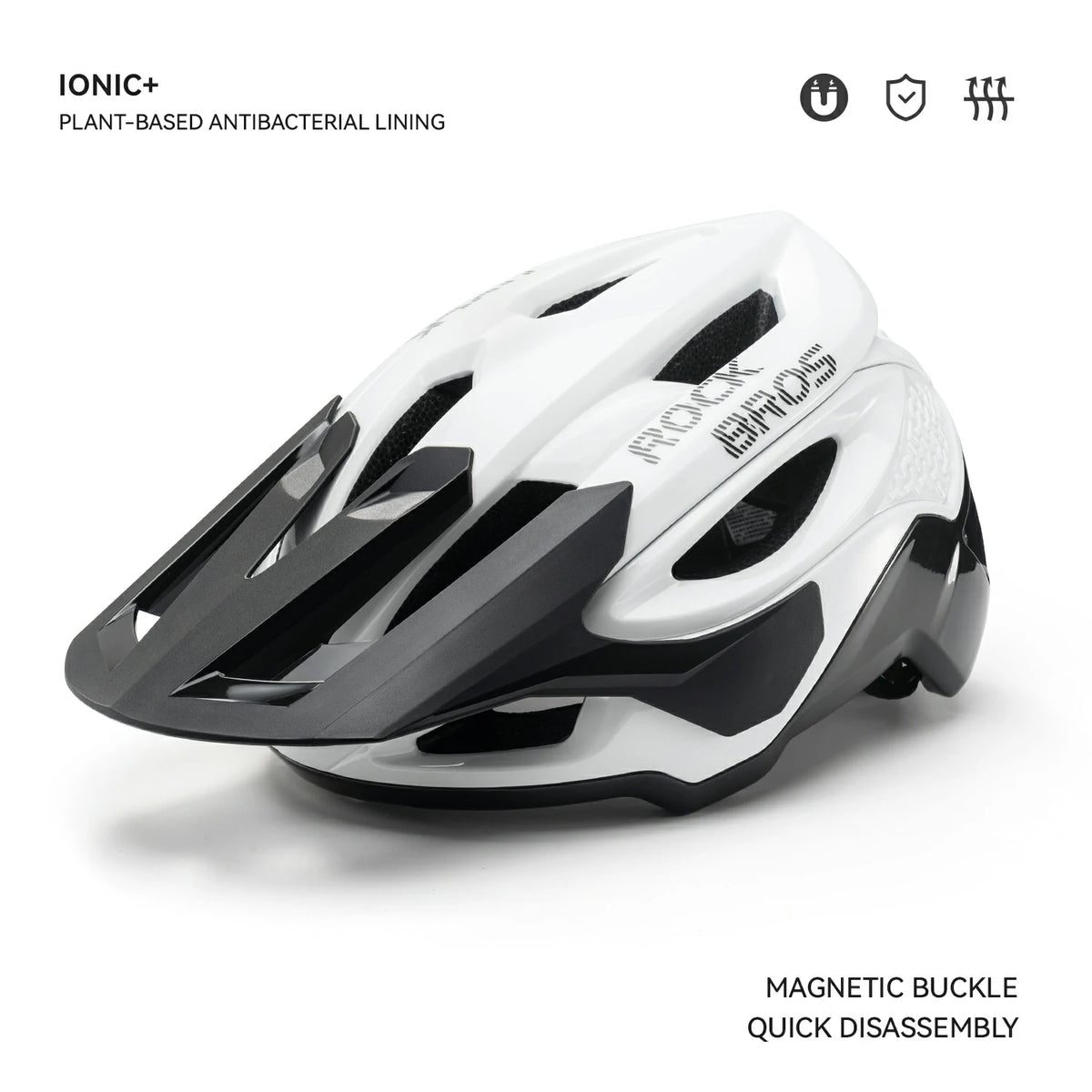 A white and black bicycle helmet with the brand name 'ROCKBROS' printed on the side, shown on a clean white background with feature  callouts. #Color_White