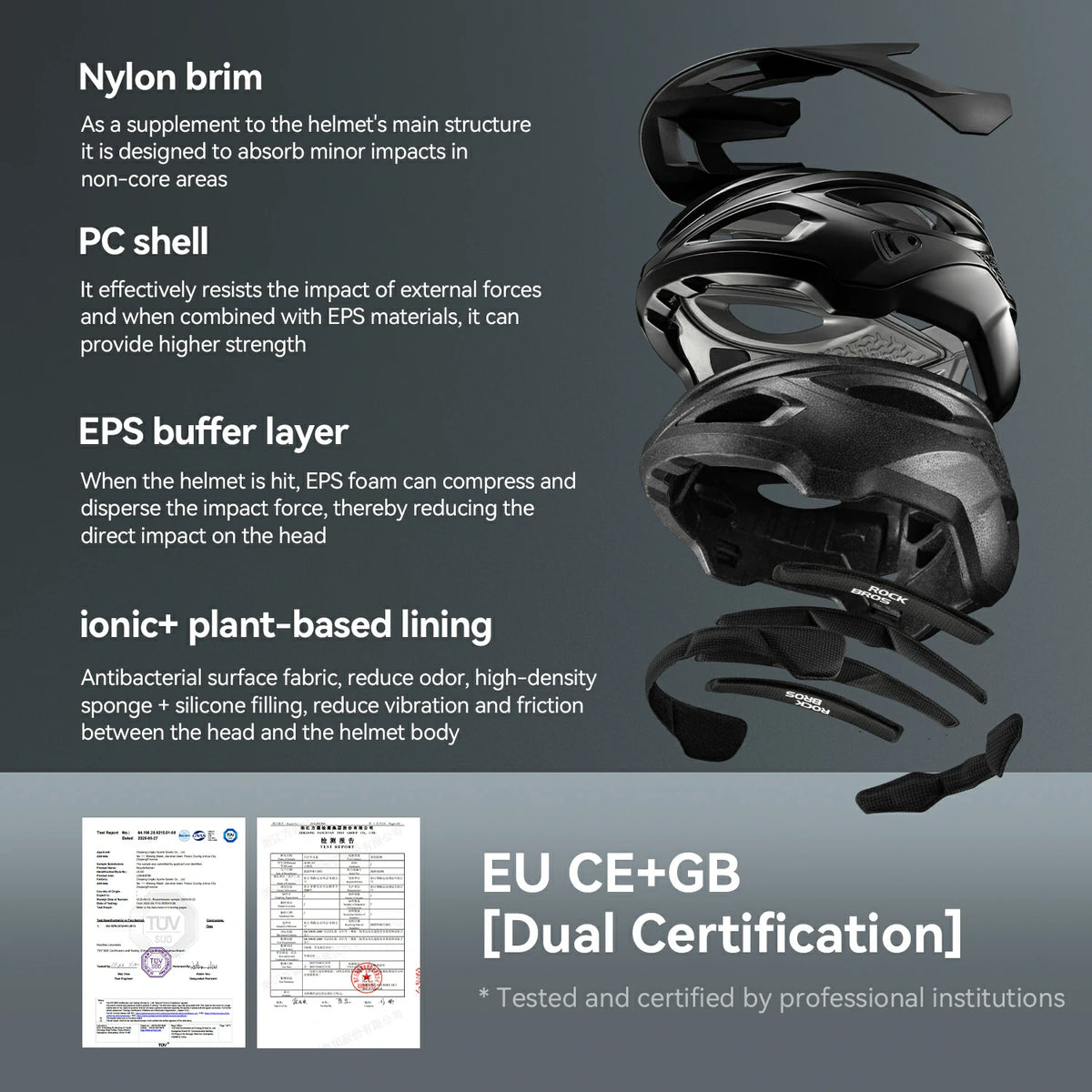 Black helmet with text detailing its features on a gray background
