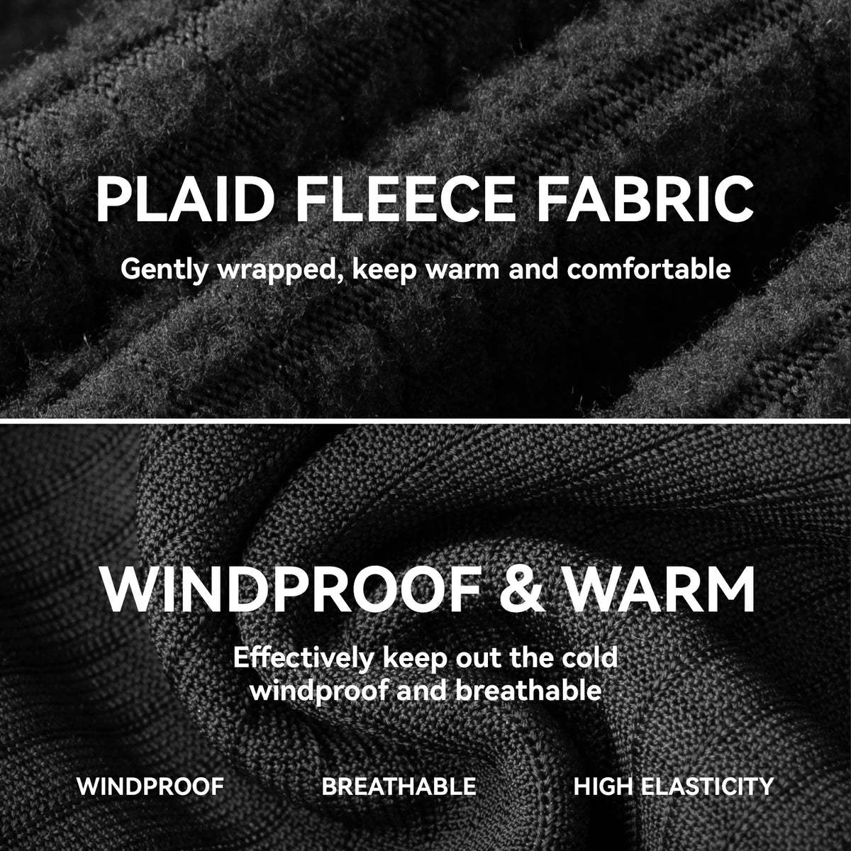 Text describing plaid fleece fabric with features like windproof, warm, breathable, and high elasticity.