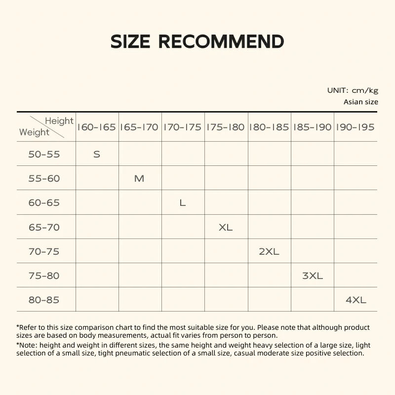 Size recommendation chart for clothing with height and weight ranges.