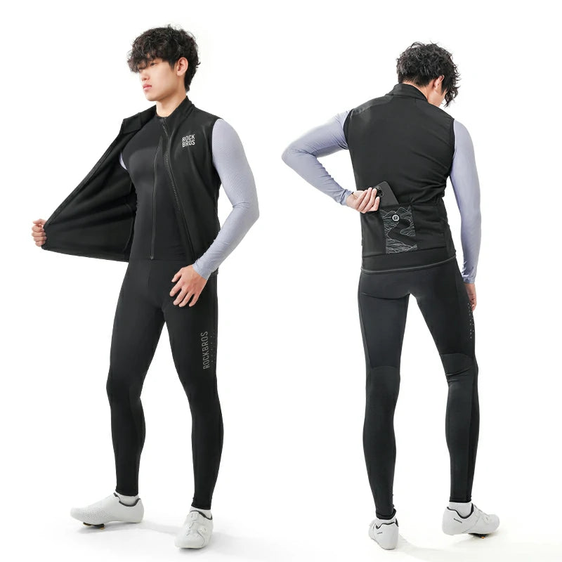 Person wearing a black athletic outfit with a vest, front and back views on a white background.
