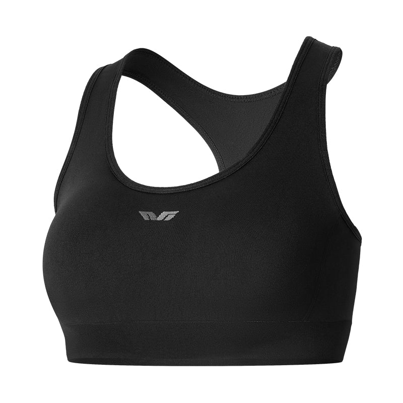 Black sports bra with a logo on a white background#color_black