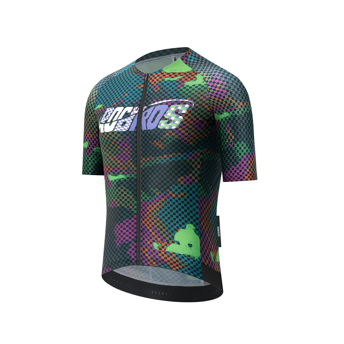 Colorful cycling jersey with geometric pattern on a white background