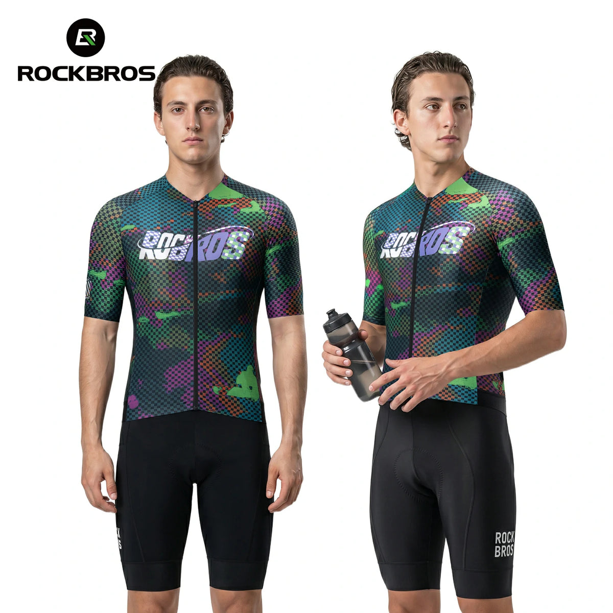 Two models wearing colorful cycling jerseys and black shorts with 'RockBros' branding.