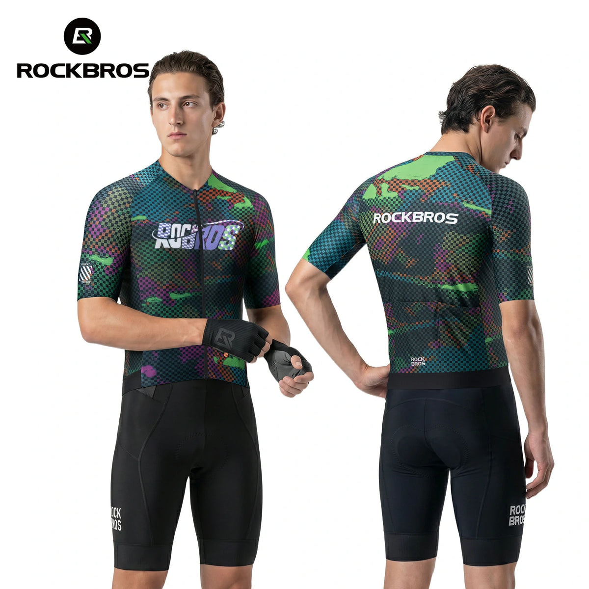 Cycling outfit with colorful design and 'RockBros' branding on a white background