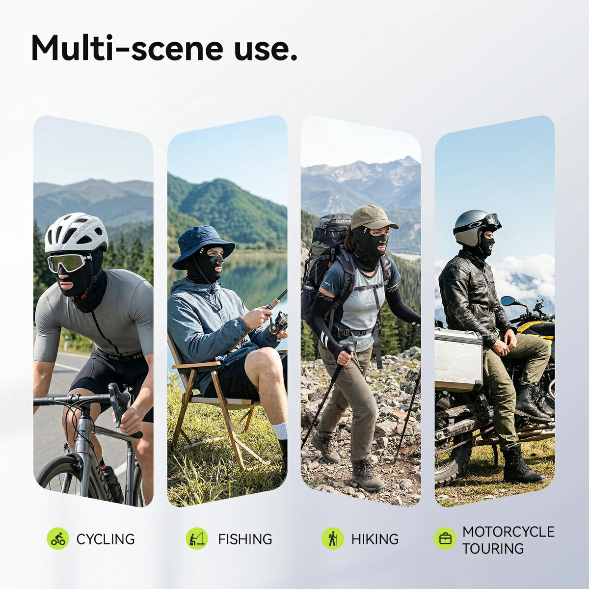 Person wearing a helmet in various outdoor activities with text 'Multi-scene use' and icons for cycling, fishing, hiking, and motorcycle touring.